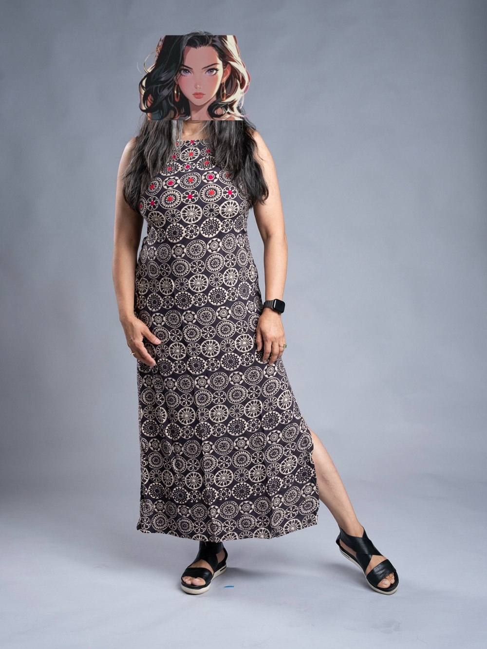 Bombay Black Maxi Dress with Cream Medallion Print and Pink Accents